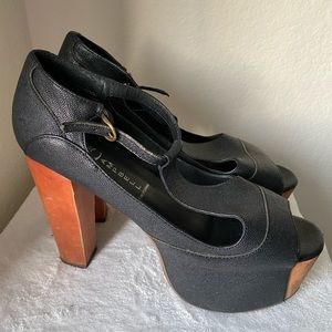 Jeffery Campbell black leather foxy wood sandal